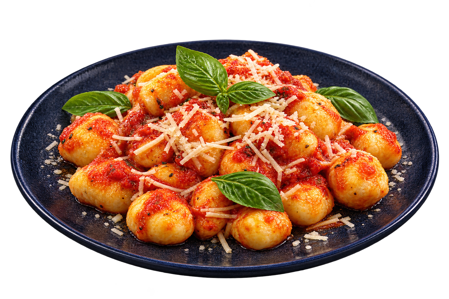 Nhoque de batata com molho de tomate, parmesão e manjericão em prato azul-marinho