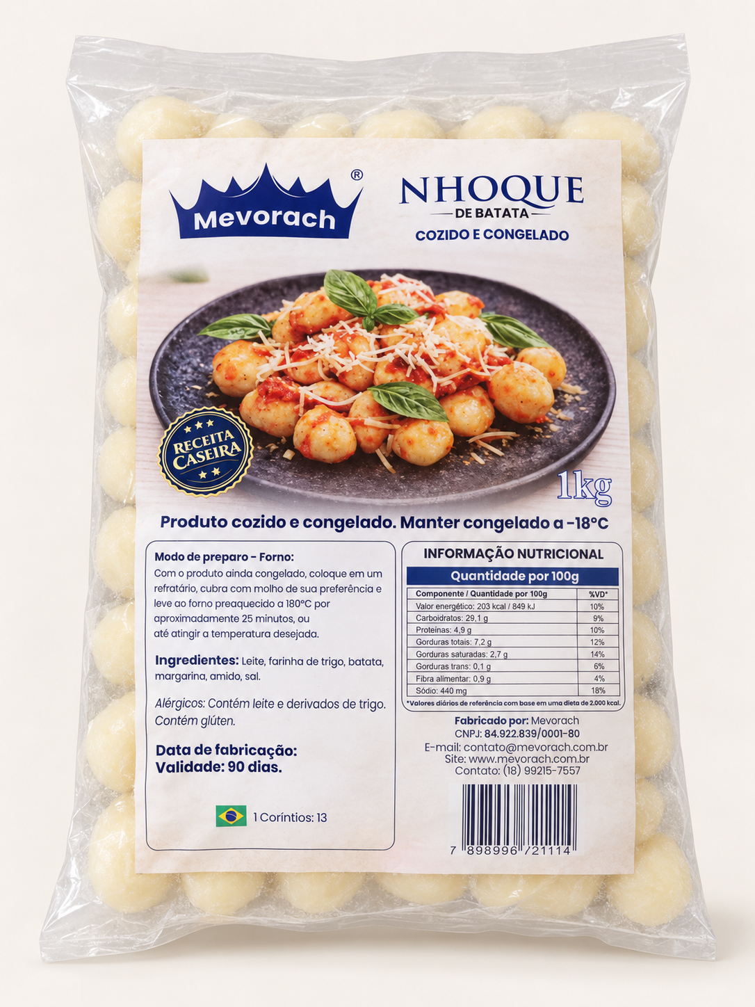 Embalagem completa de 1 quilo do nhoque Mevorach